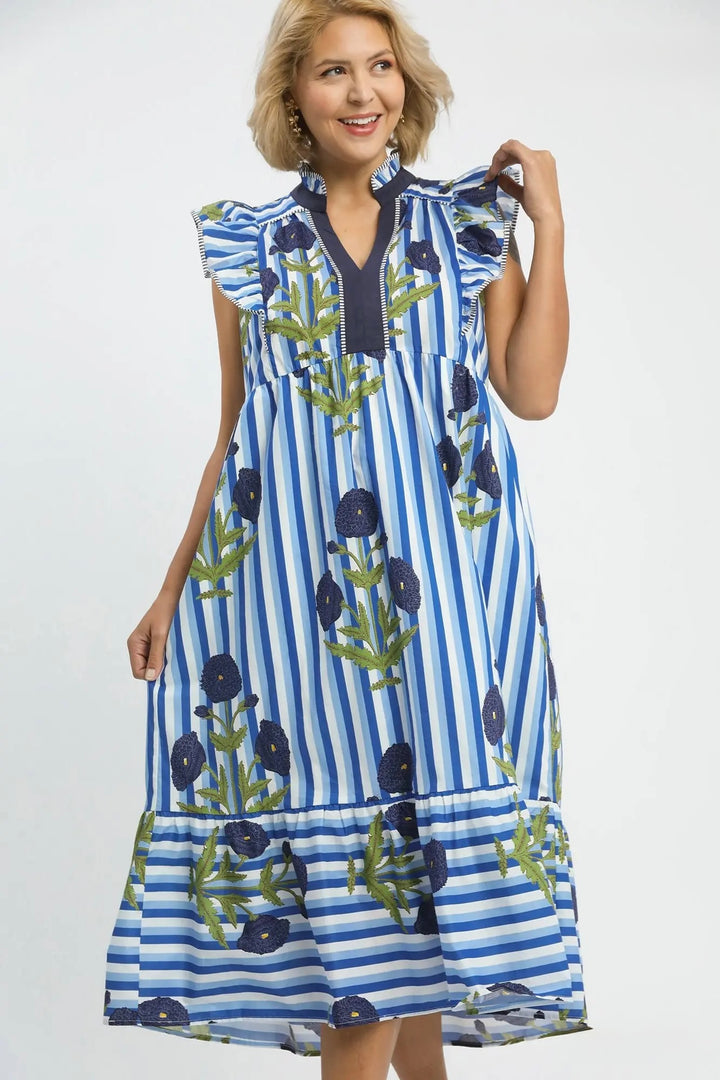 Women's Umgee blue and white striped midi dress with navy and green florals in plus size