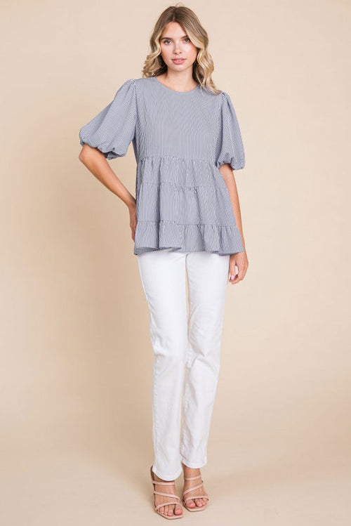 Jodifl Tiered textured top with blue and ivory stripes