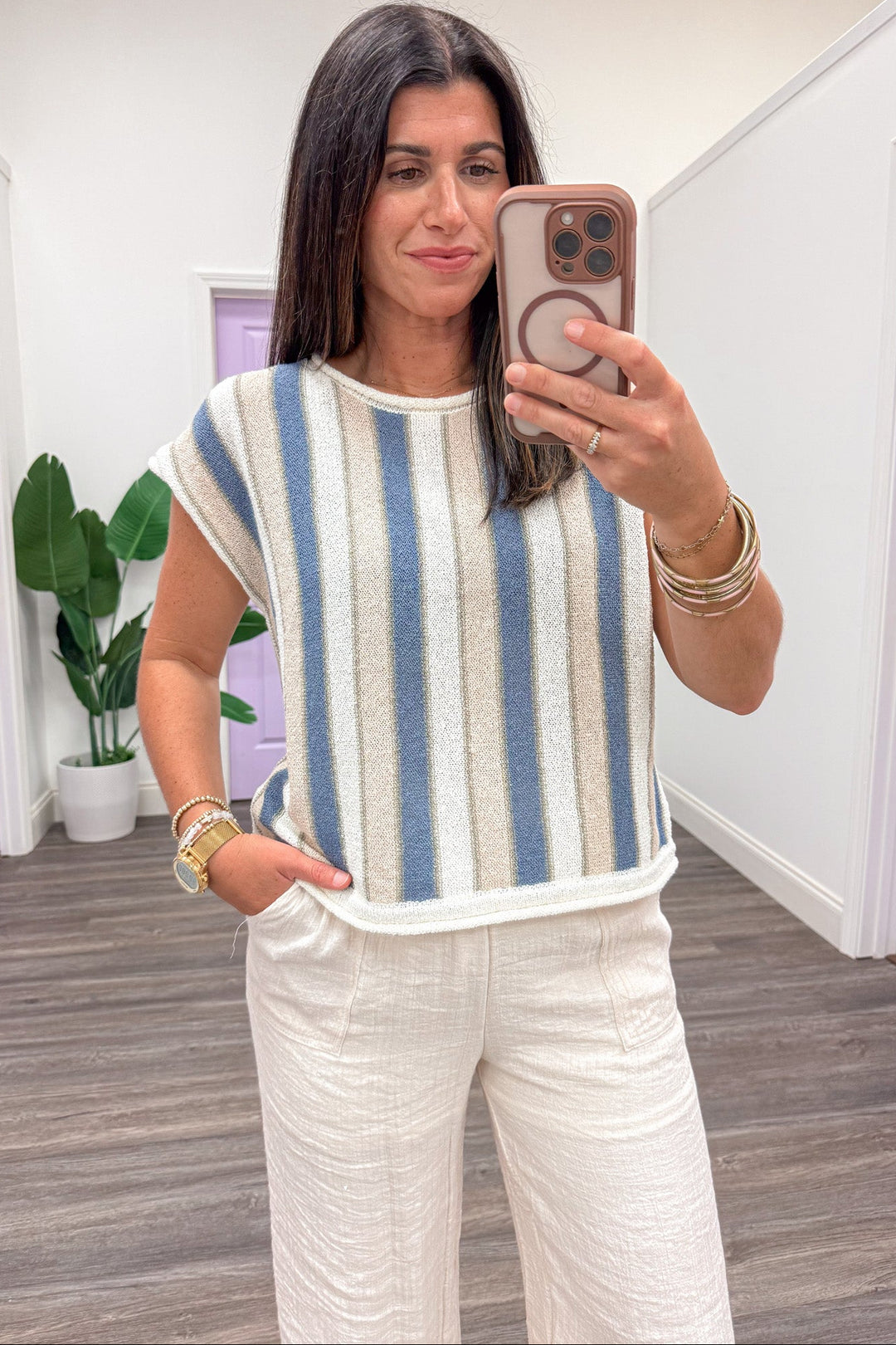 blue taupe and cream vertical striped capped short sleeve lightweight knit top