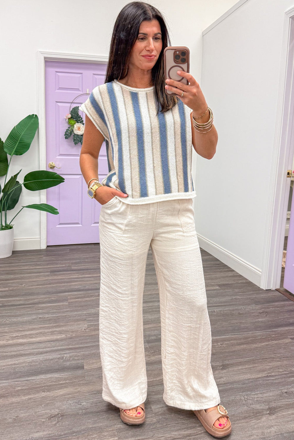 blue taupe and cream vertical striped short sleeve crew neckline lightweight knit top