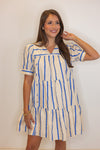 blue taupe stripe babydoll dress