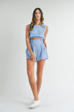 Mable Blue shorts and crop top set in textured fabric