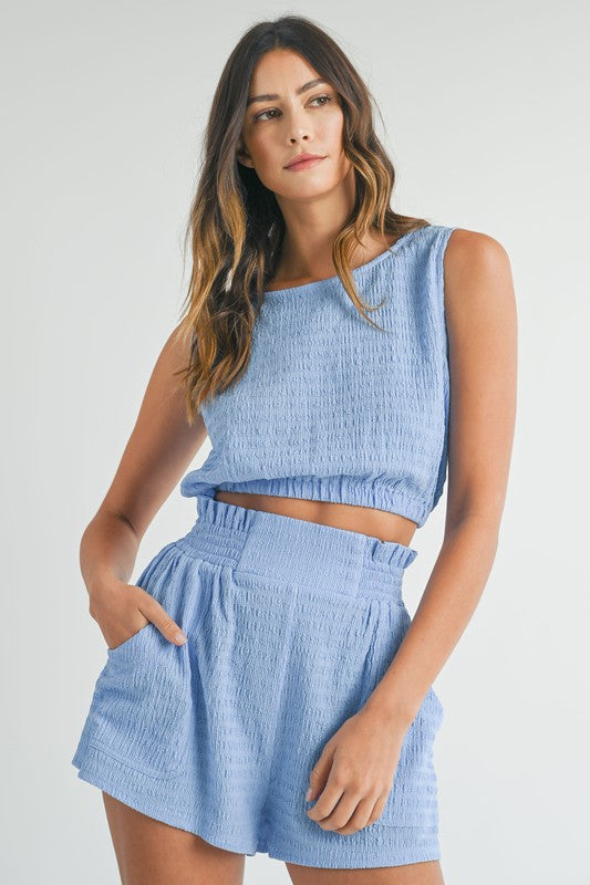 Mable Blue shorts and crop top set in textured fabric