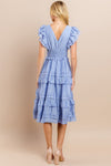Pretty Follies Baby blue crinkle midi dress with smocked waist and ruffle tiered skirt