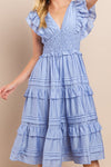 Pretty Follies Baby blue crinkle midi dress with smocked waist and ruffle tiered skirt