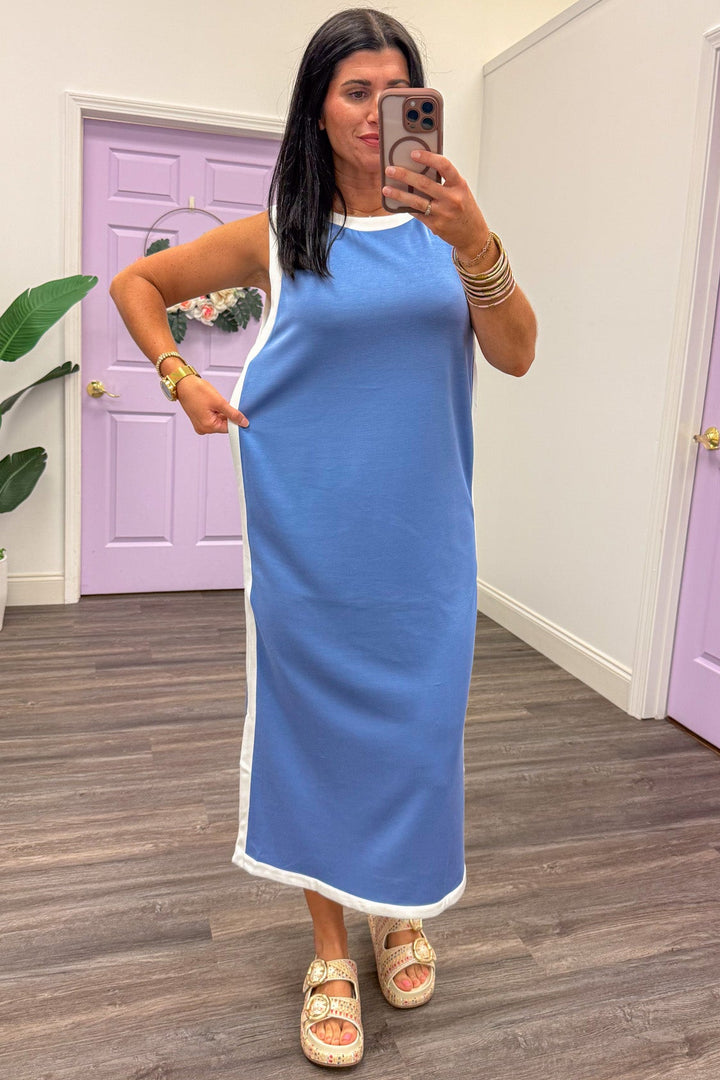 light blue white trim detail scuba knit midi dress relaxed silhouette