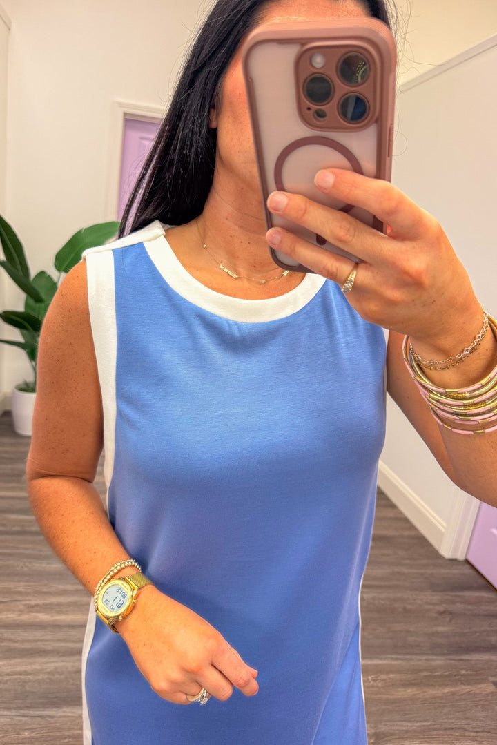 light blue white trim detail sleeveless crew neckline knit midi dress