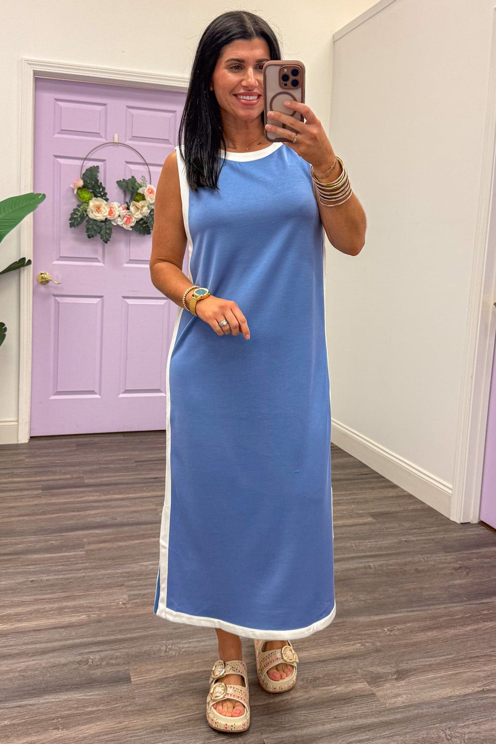 light blue white trim detail sleeveless lightweight scuba knit midi dress 