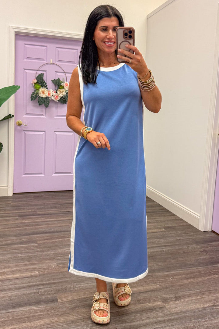 light blue white trim detail sleeveless lightweight scuba knit midi dress 