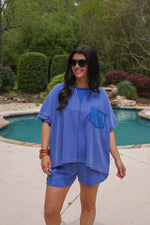 blue waffle knit oversized top with shorts