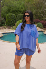 blue waffle knit oversized top with shorts