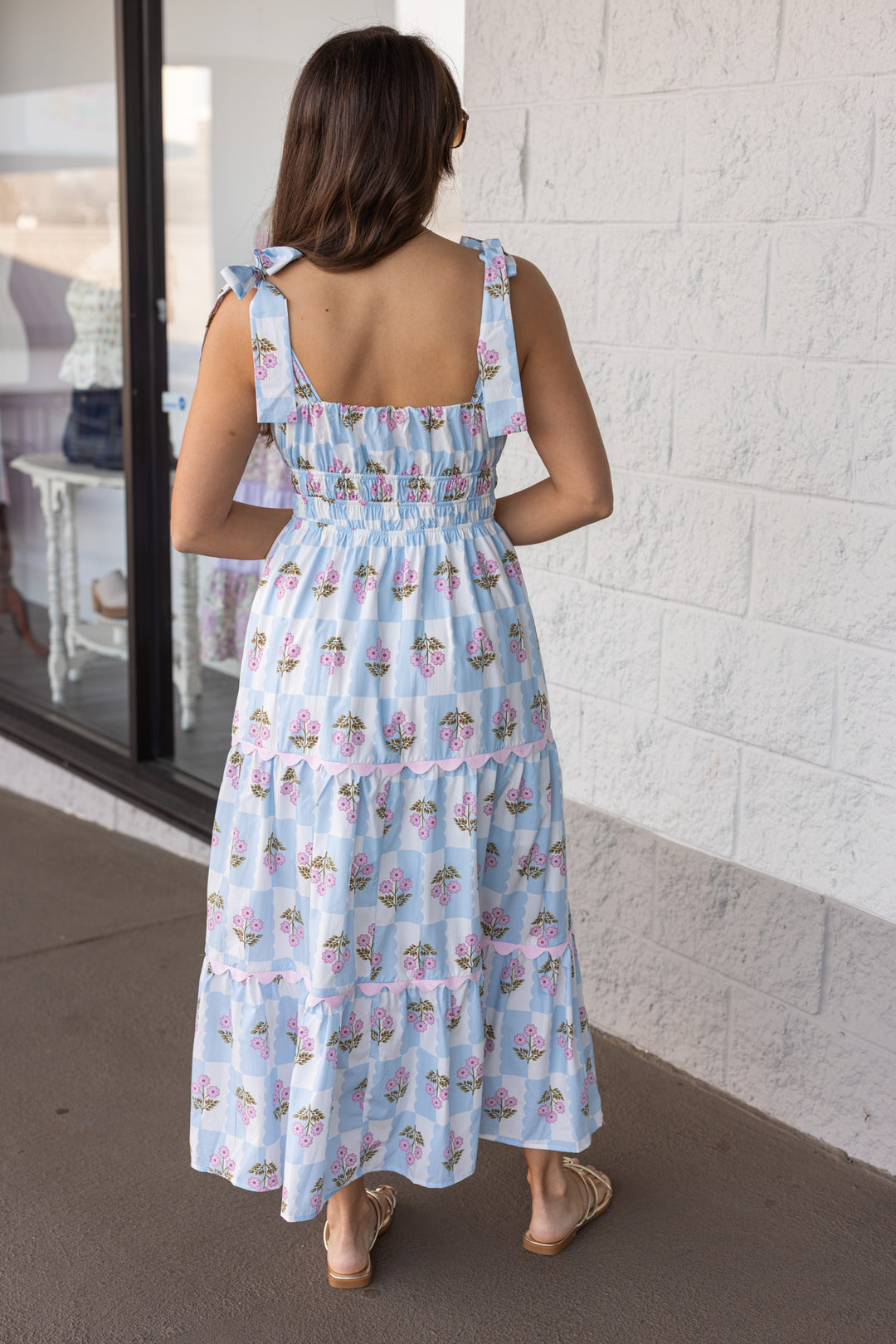 light blue and white checkered pink floral adjustable tie shoulder straps midi dress