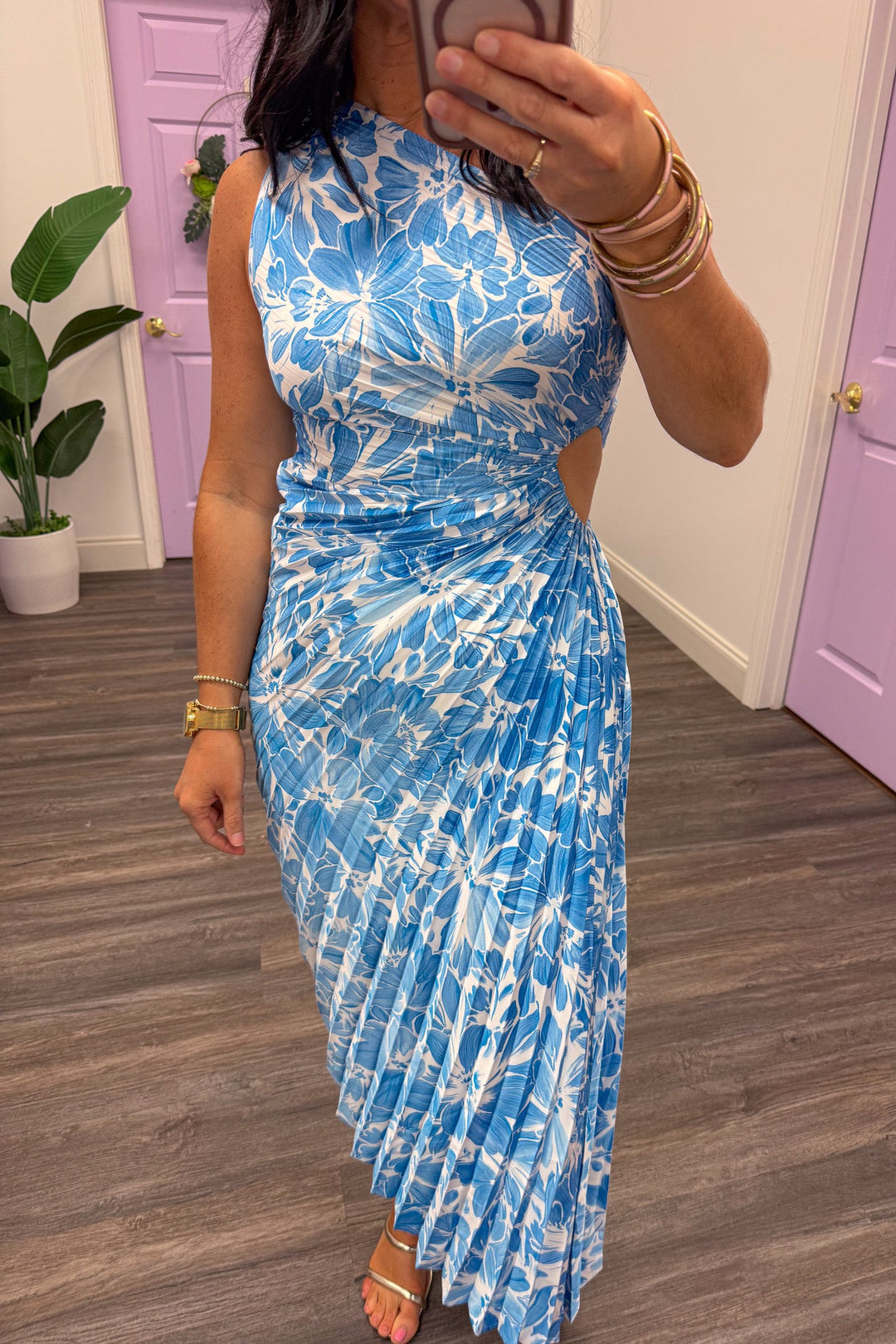 blue and white floral pleated satin sleeveless one shoulder maxi dress