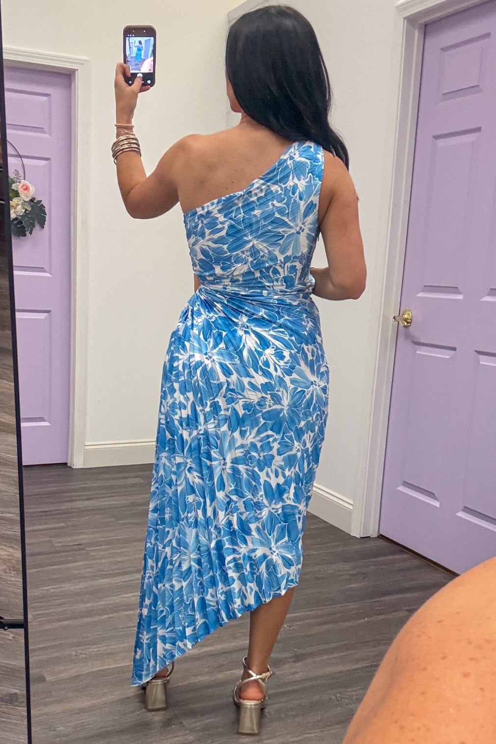 blue and off-white tropical floral pleated satin one shoulder maxi dress