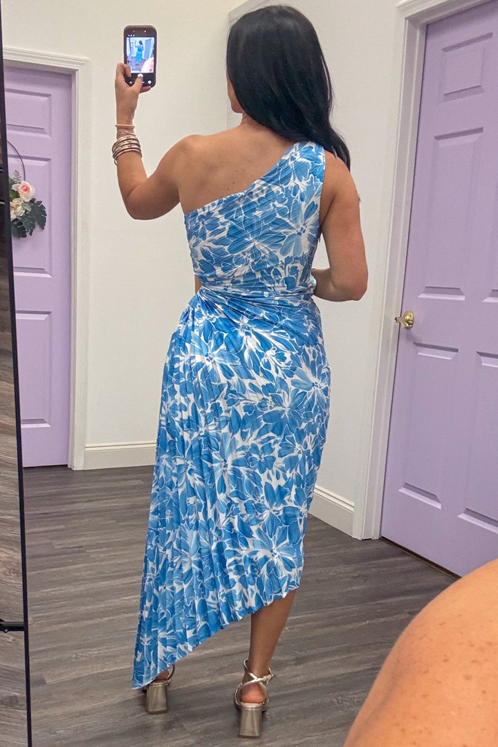 blue and off-white tropical floral pleated satin one shoulder maxi dress