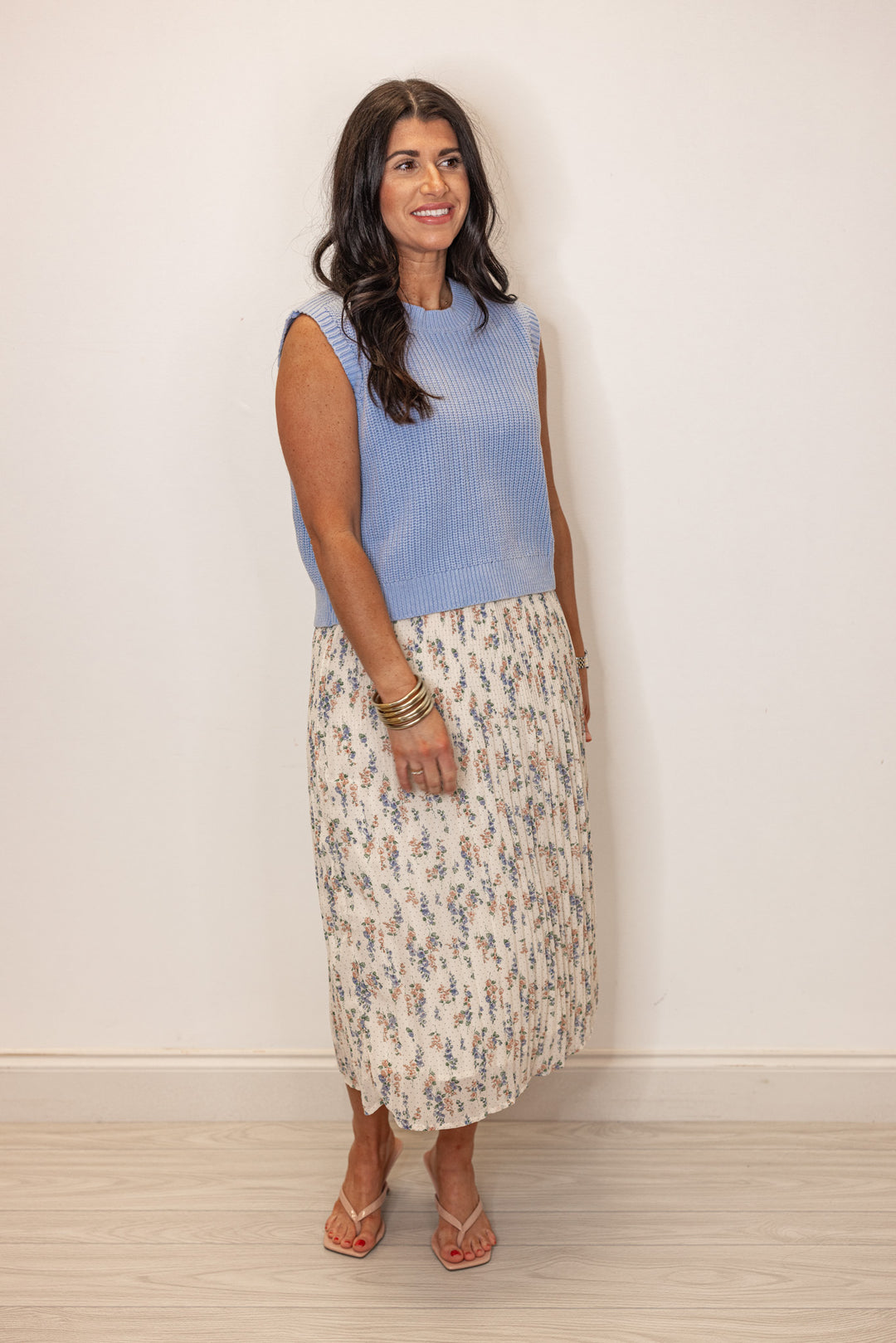 ivory pleated midi skirt with blue peach floral print