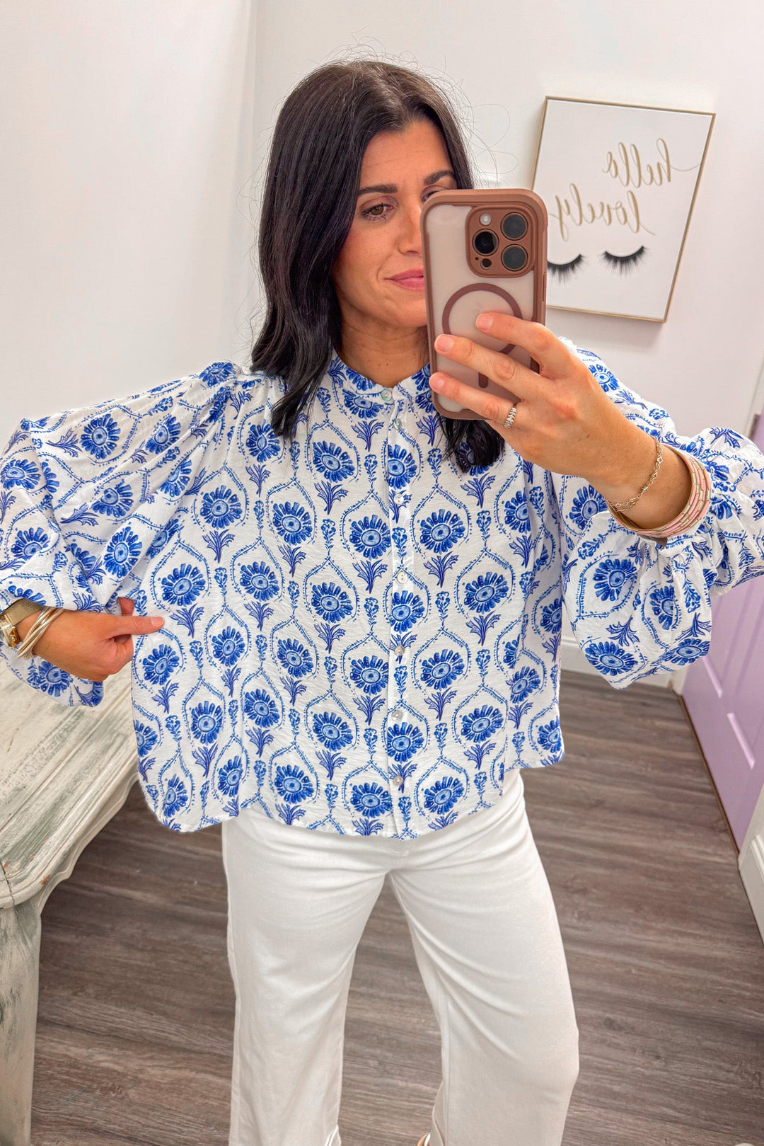 blue white floral printed sheer long sleeve dressy top