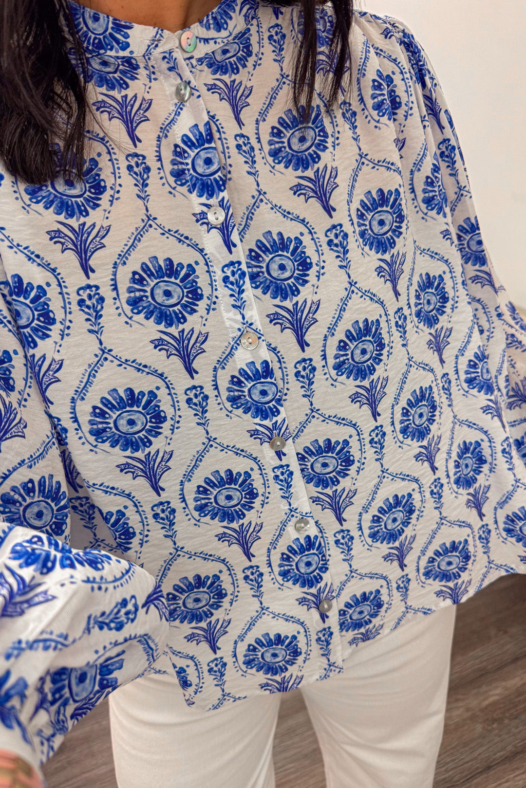 blue white floral printed sheer long sleeve dressy blouse
