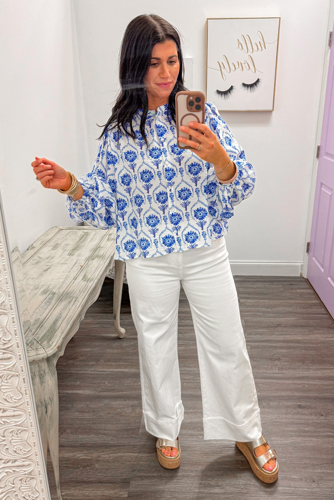 blue white floral printed sheer long sleeve top