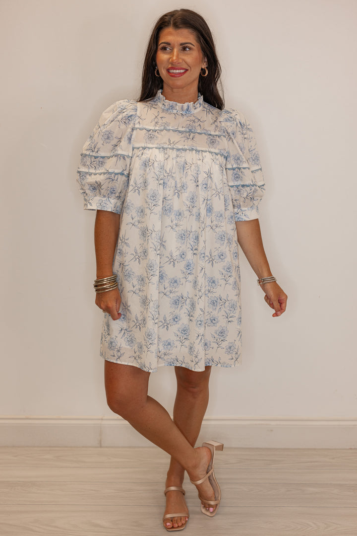 Azure Floral Short Sleeve Dress