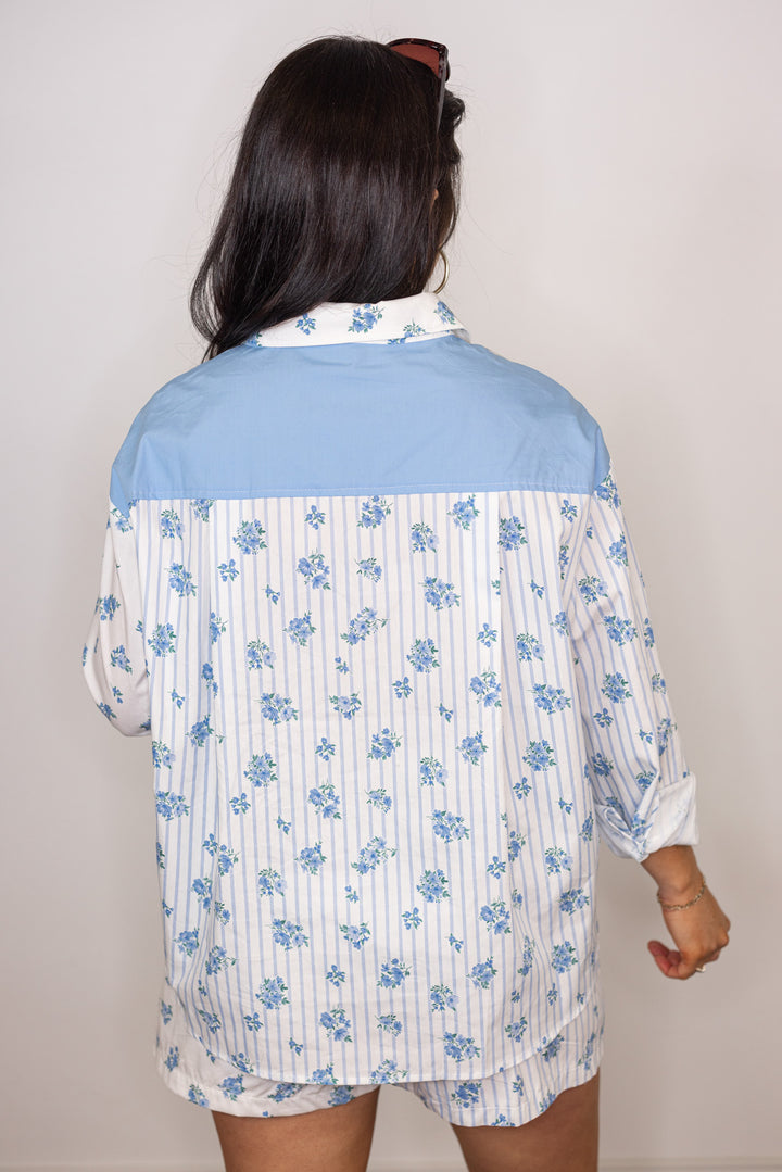 blue white floral stripe linen cotton blouse