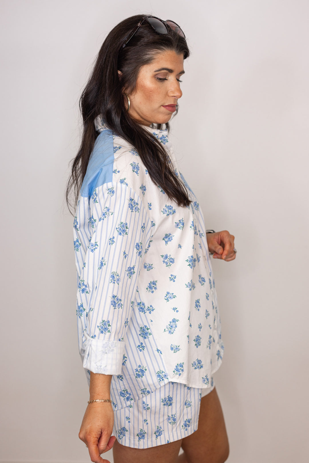 blue white floral stripe linen cotton blouse