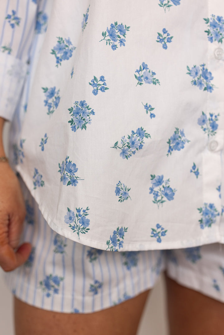 blue white floral stripe linen cotton blouse