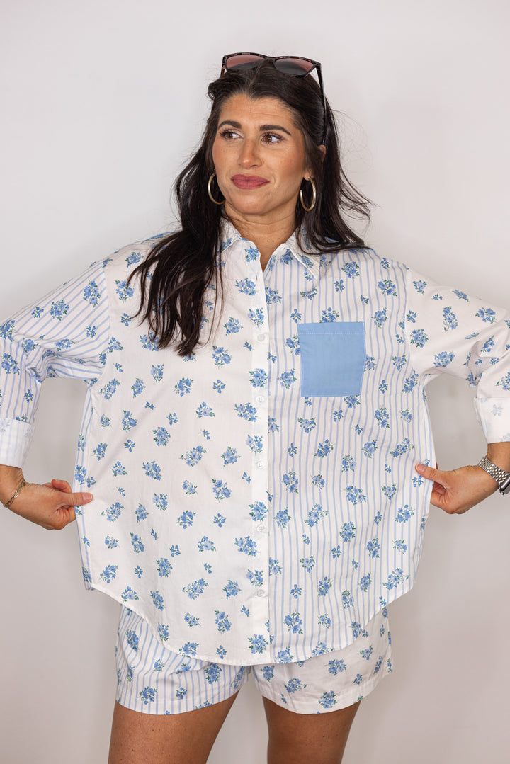 blue white floral stripe linen cotton blouse