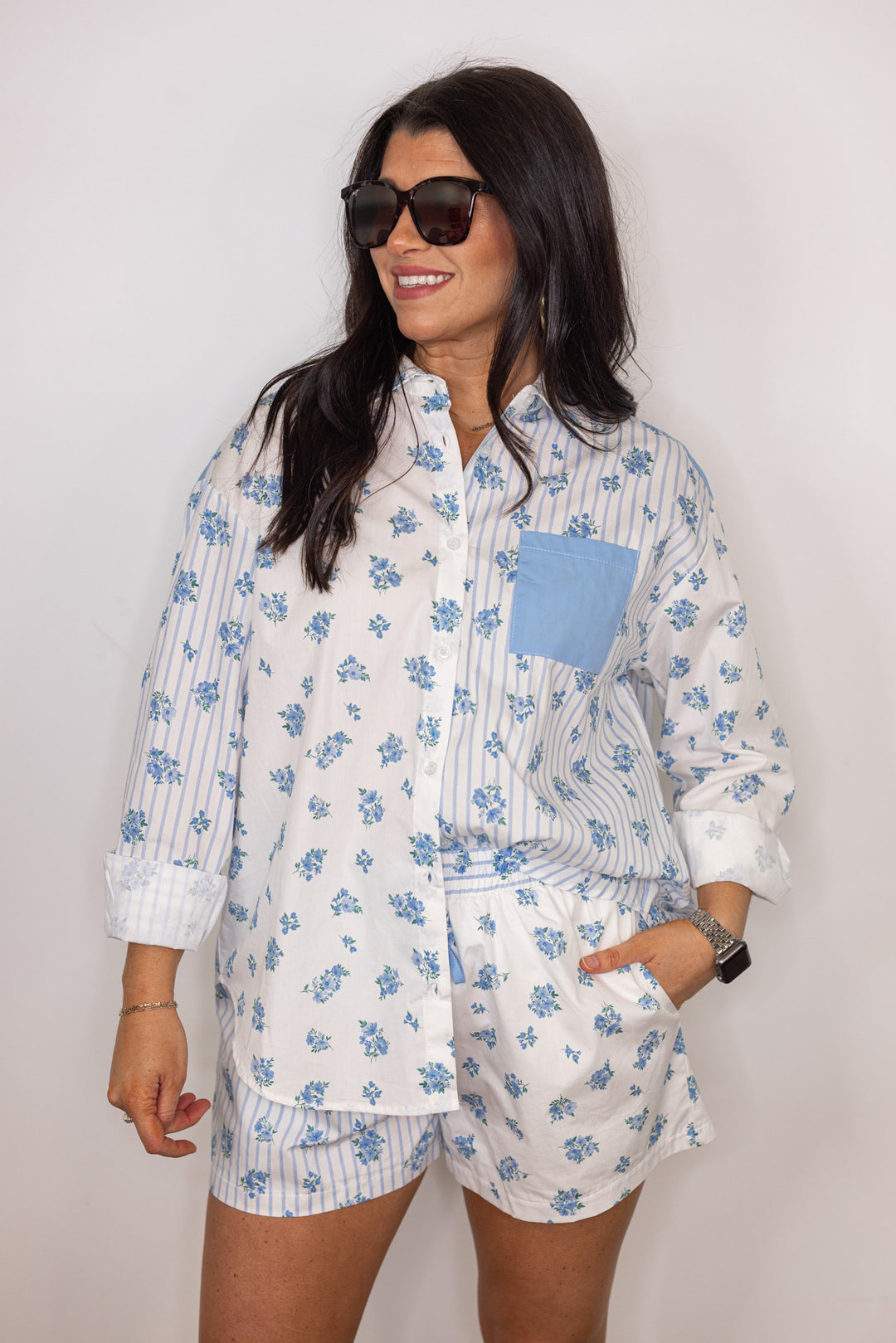 blue white floral stripe linen cotton blouse