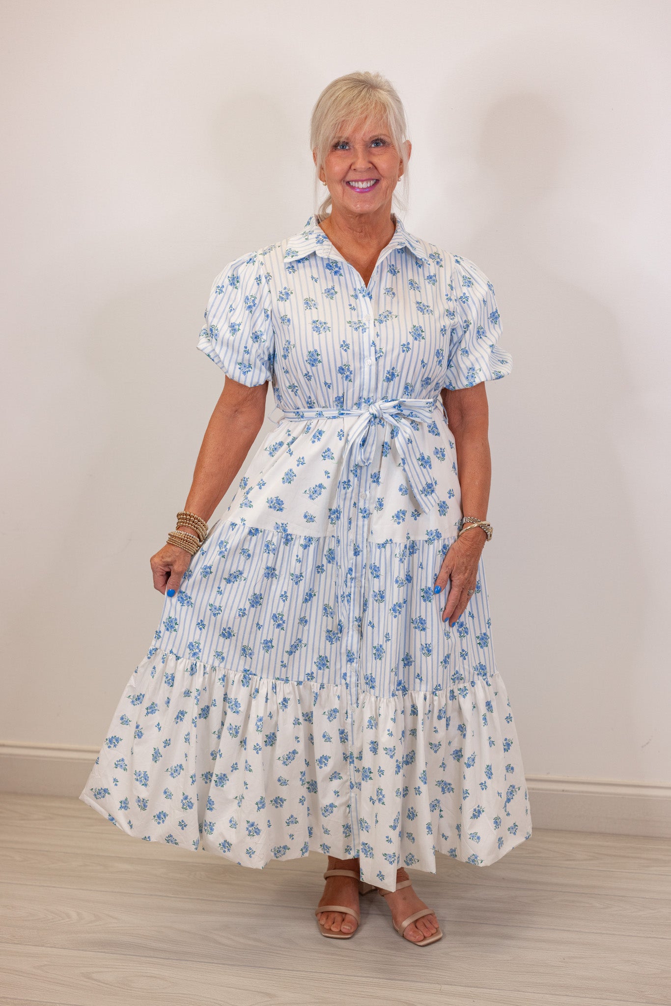 White And Blue Floral Striped Midi Dress | Purple Door | Commerce