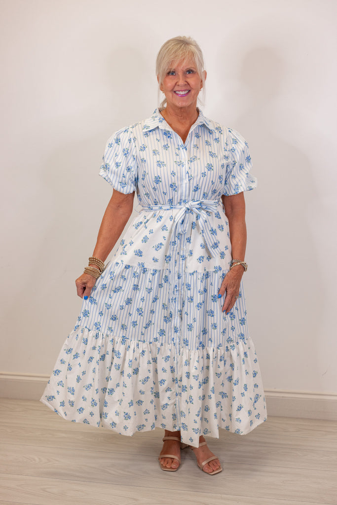 White And Blue Floral Striped Midi Dress | Purple Door | Commerce