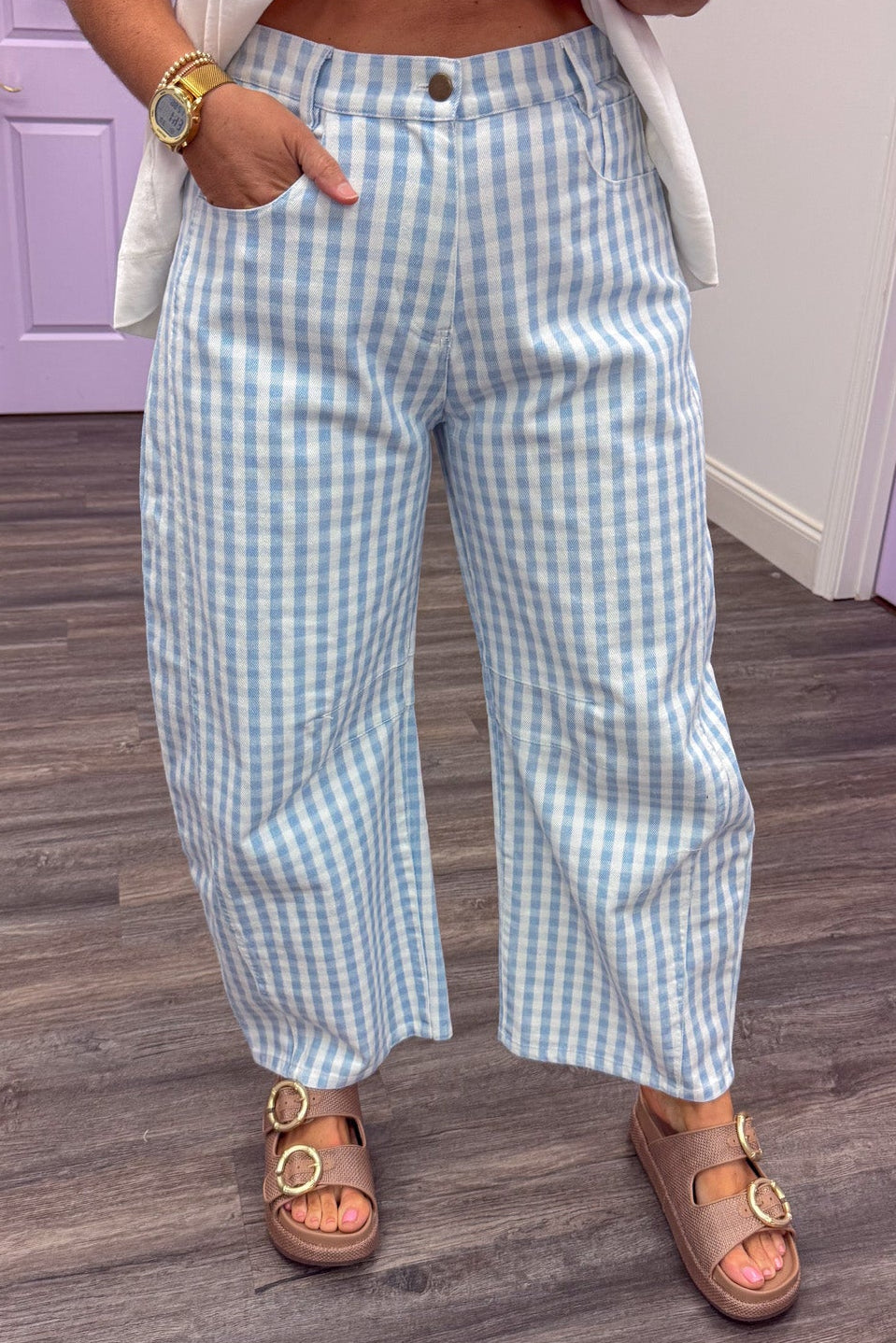 blue and white gingham checkered print barrel leg pants button zipper closure
