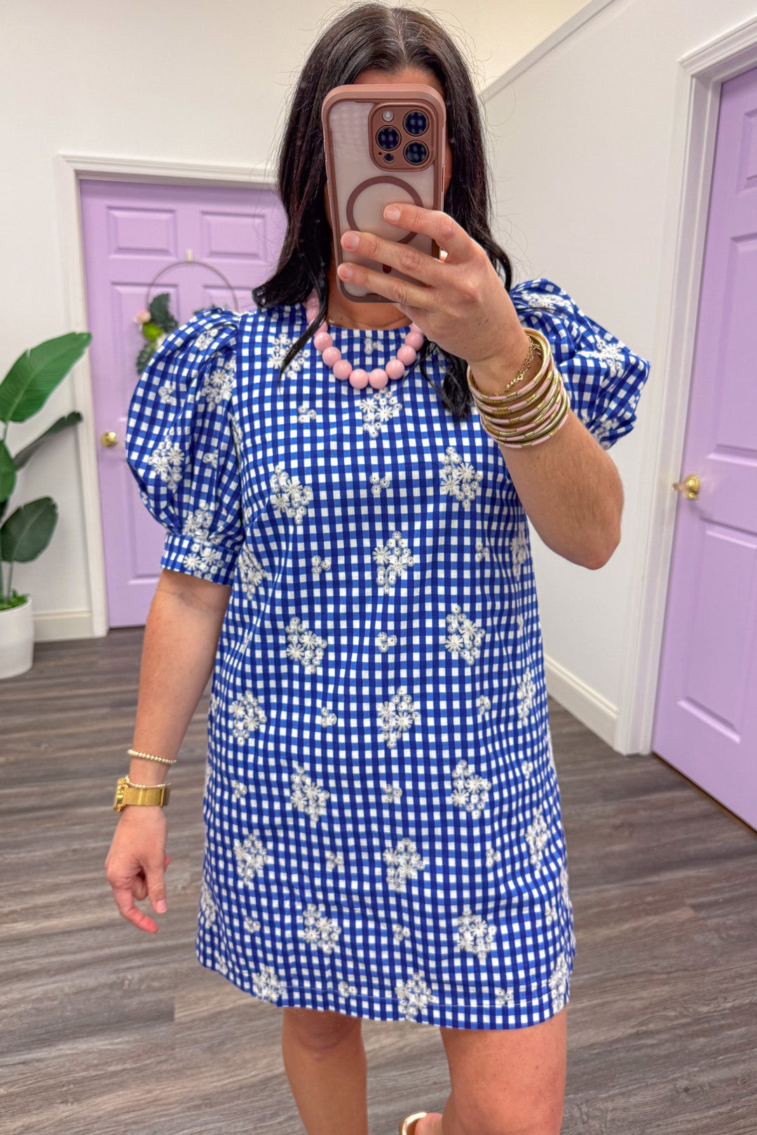 royal blue white gingham print floral embroidered puff sleeve shift dress