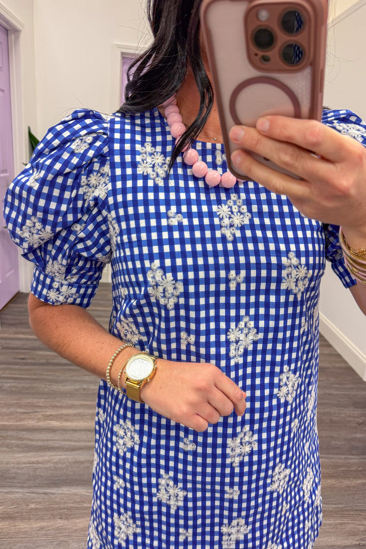 blue white gingham print floral embroidered puff sleeve shift dress up close