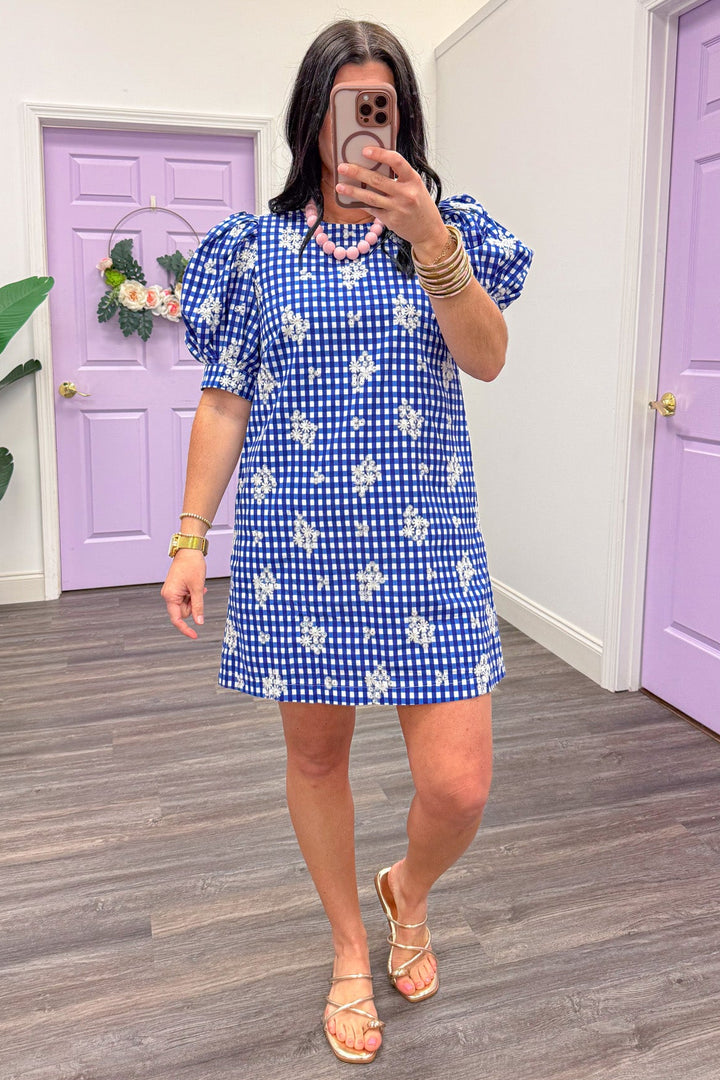 blue white gingham print floral embroidered puff sleeve shift dress