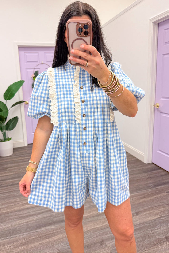 light blue and cream gingham print ruffled lace trim button front romper