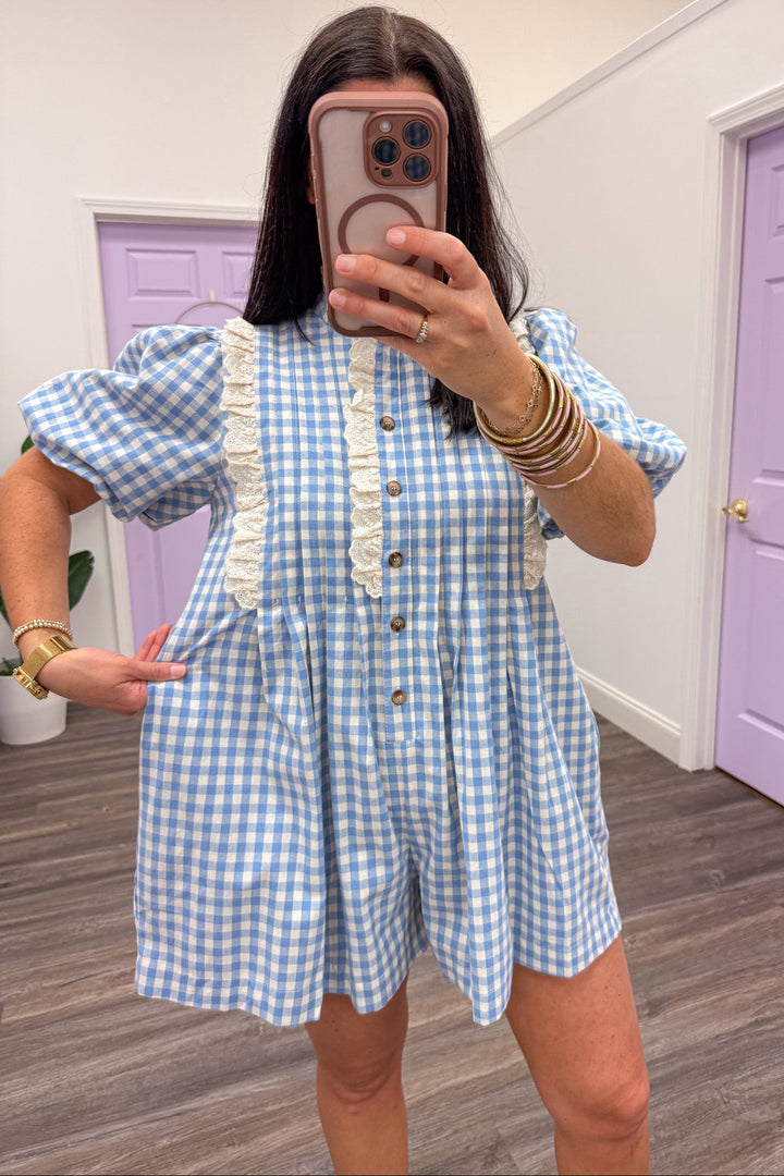 light blue and cream gingham print lace trim short sleeve relaxed fit romper