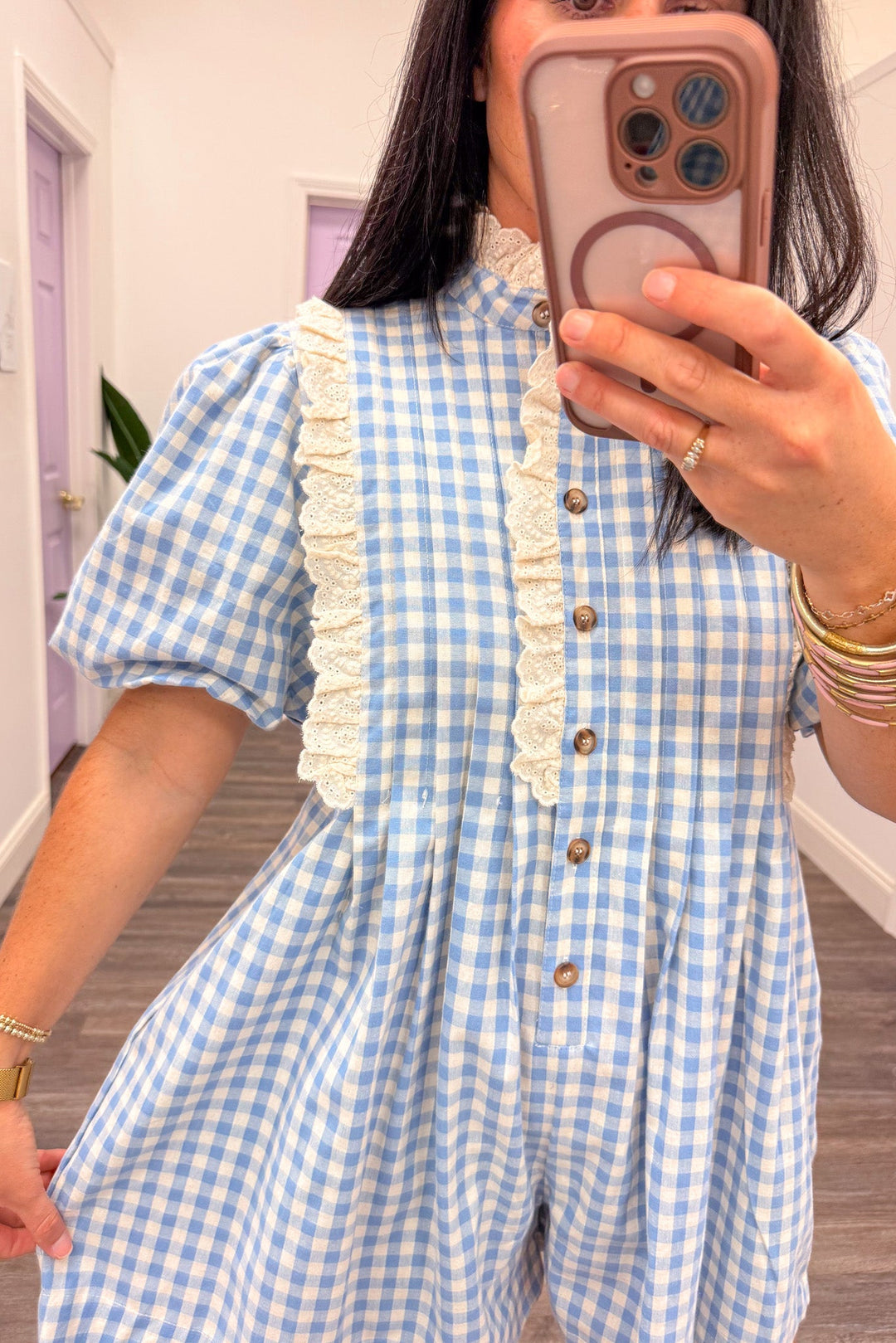 pale blue and cream gingham print lace trim button front mock neck romper