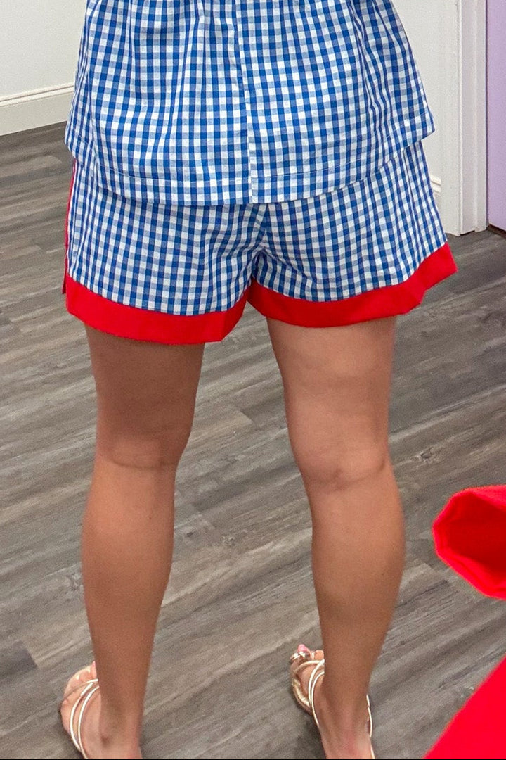 blue and white gingham checkered print with red trim hem cotton shorts