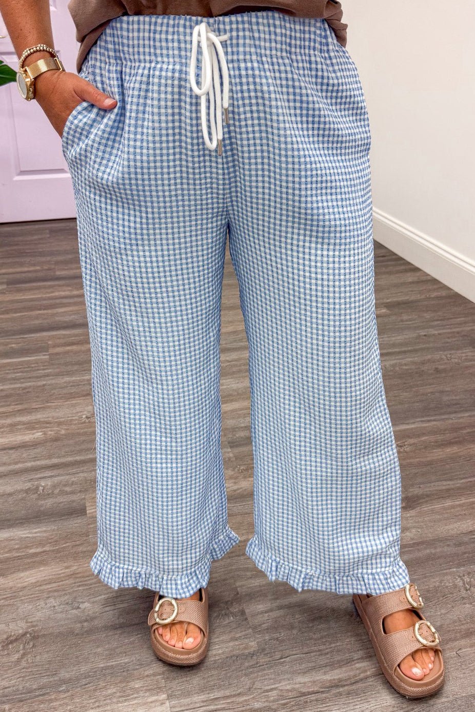 light blue and white gingham checkered print drawstring ruffle hem wide leg pants