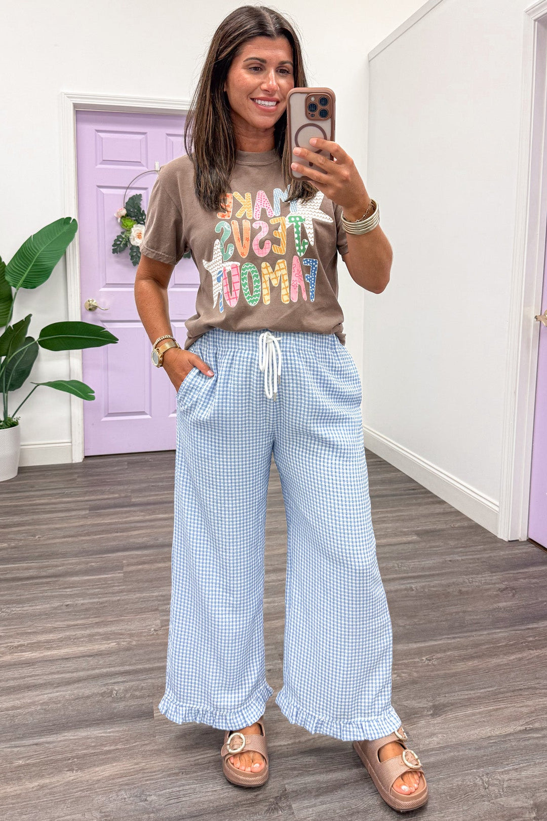 light blue and white gingham checkered print ruffle hem wide leg pants