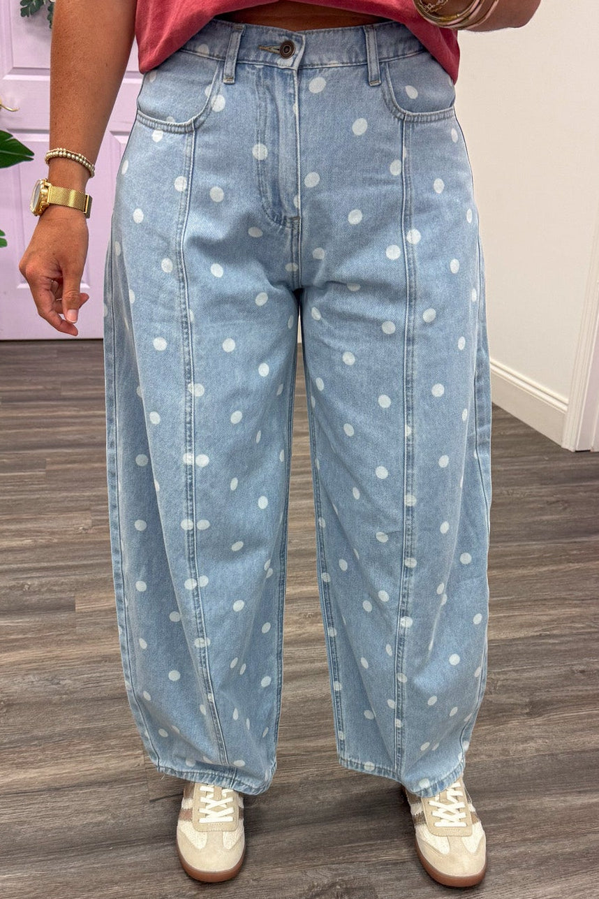 light blue washed denim with white polka dot print wide leg barrel pants with front pockets