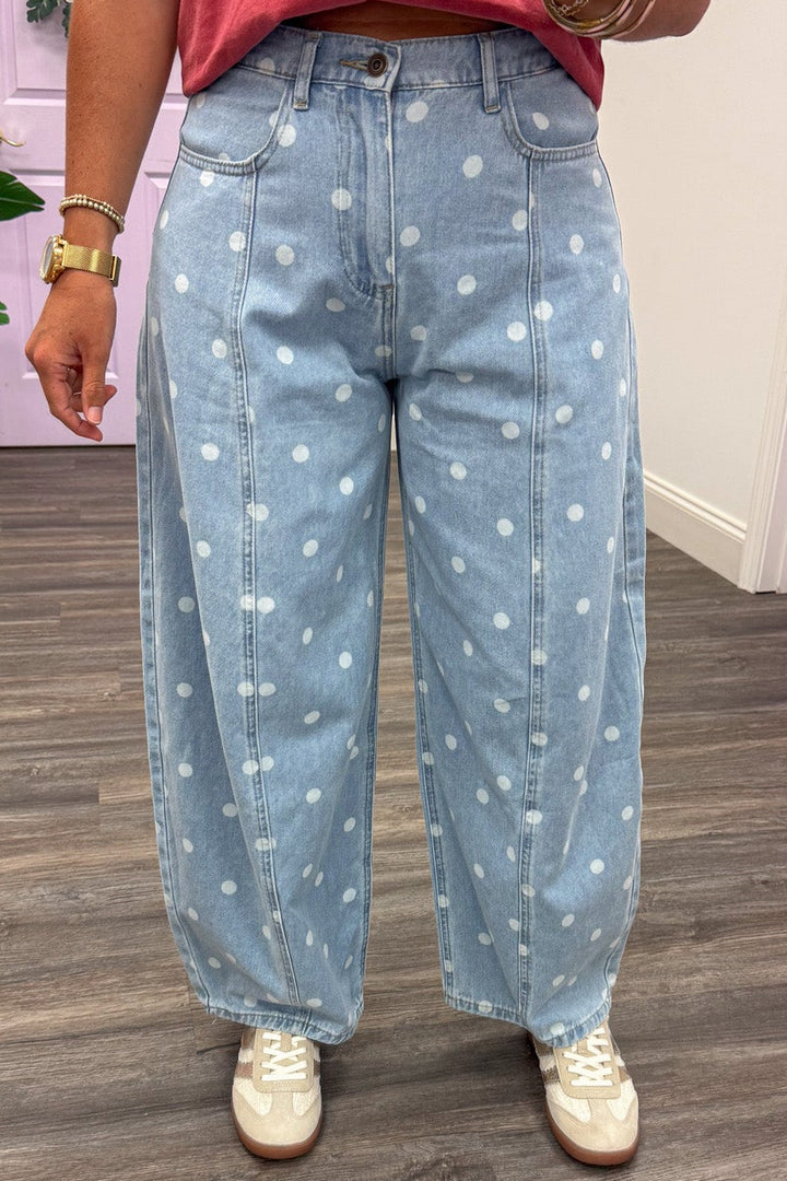 light blue washed denim with white polka dot print wide leg barrel pants with front pockets
