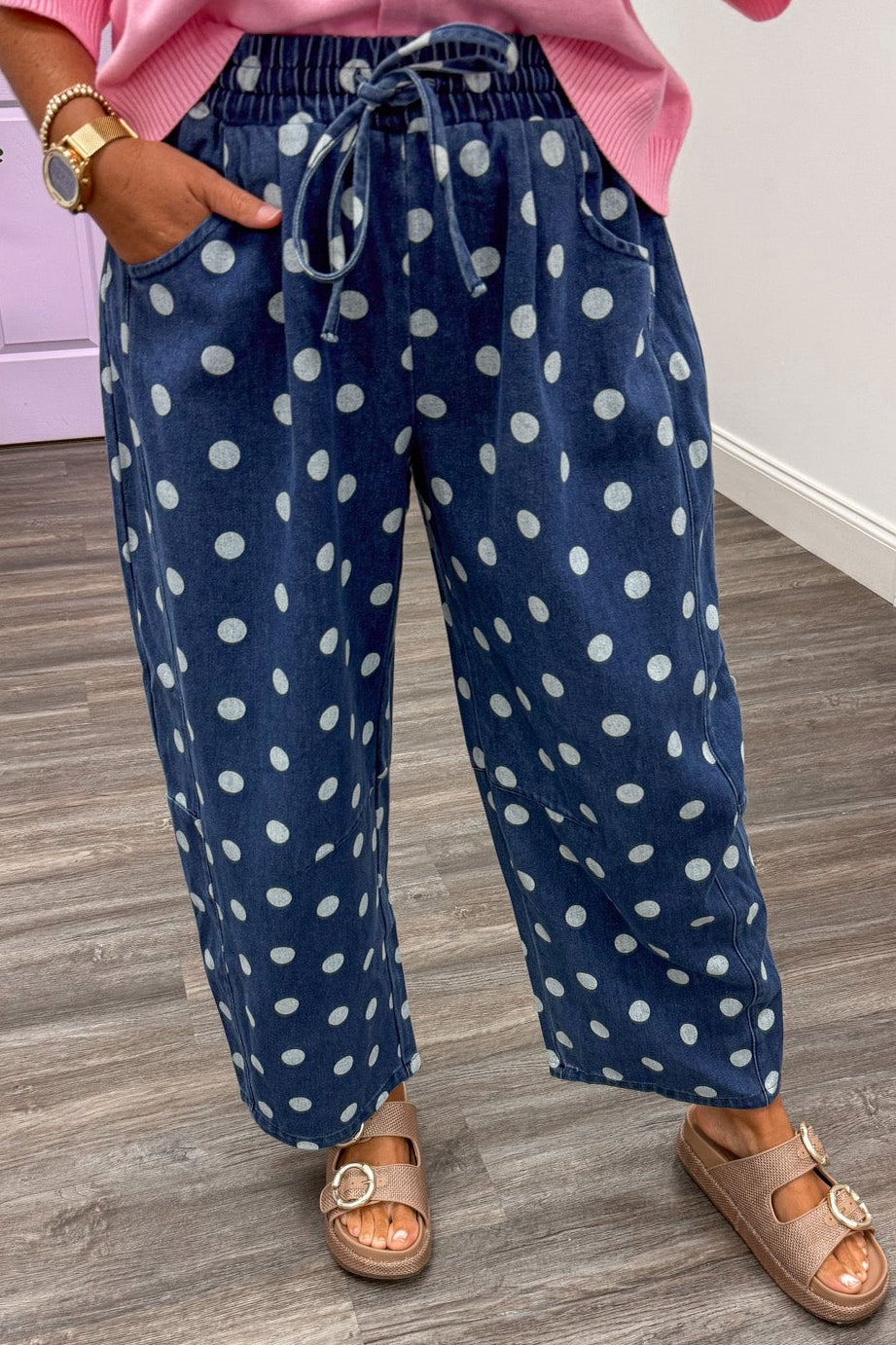 dark blue with off white polka dot print drawstring denim wide barrel leg pants