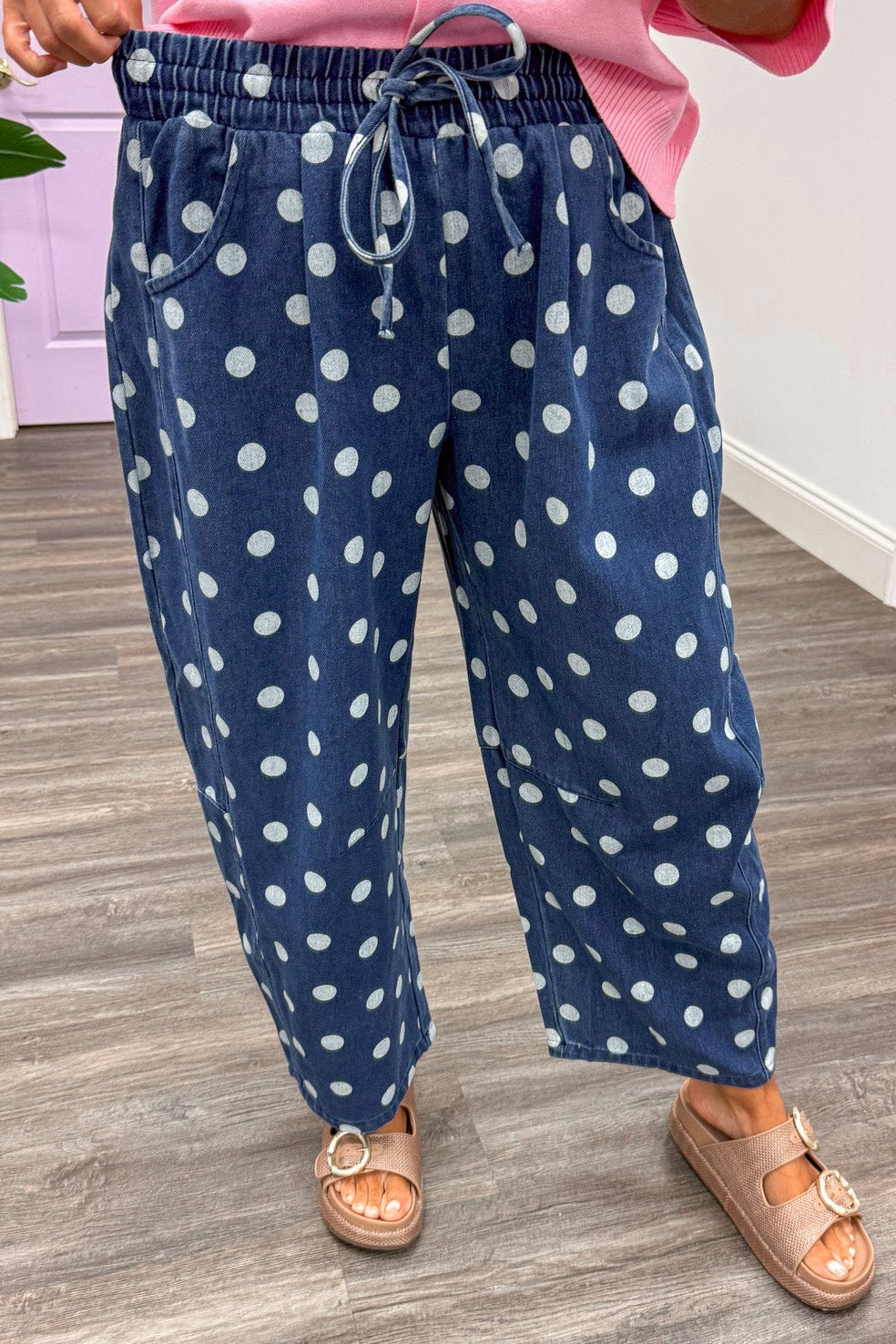 dark blue with off white polka dot print elastic waist denim wide barrel leg pants