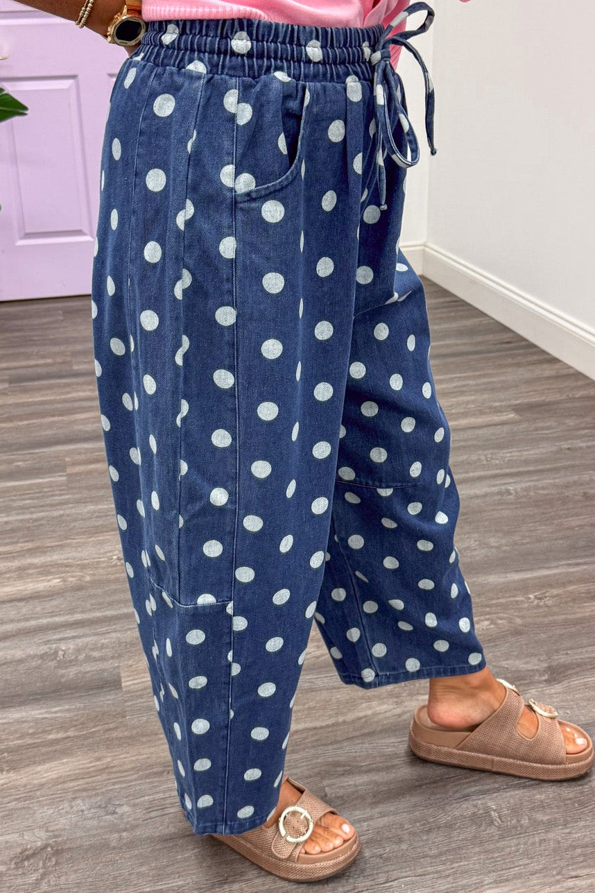 dark blue with off white polka dot print denim wide barrel leg pants with self-tie drawstring
