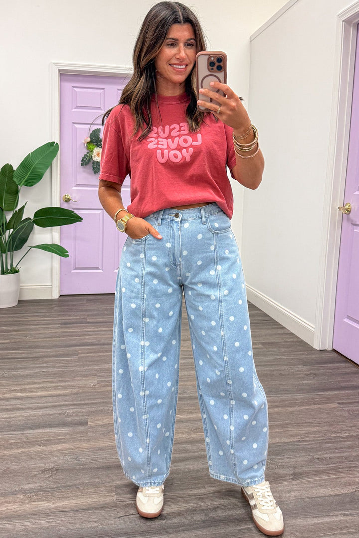 light blue washed denim with white polka dot print wide leg barrel pants