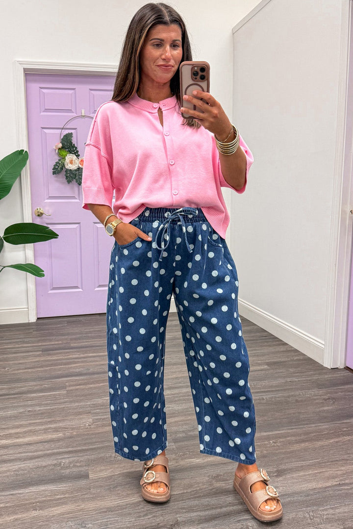 dark blue with off white polka dot print denim wide barrel leg pants