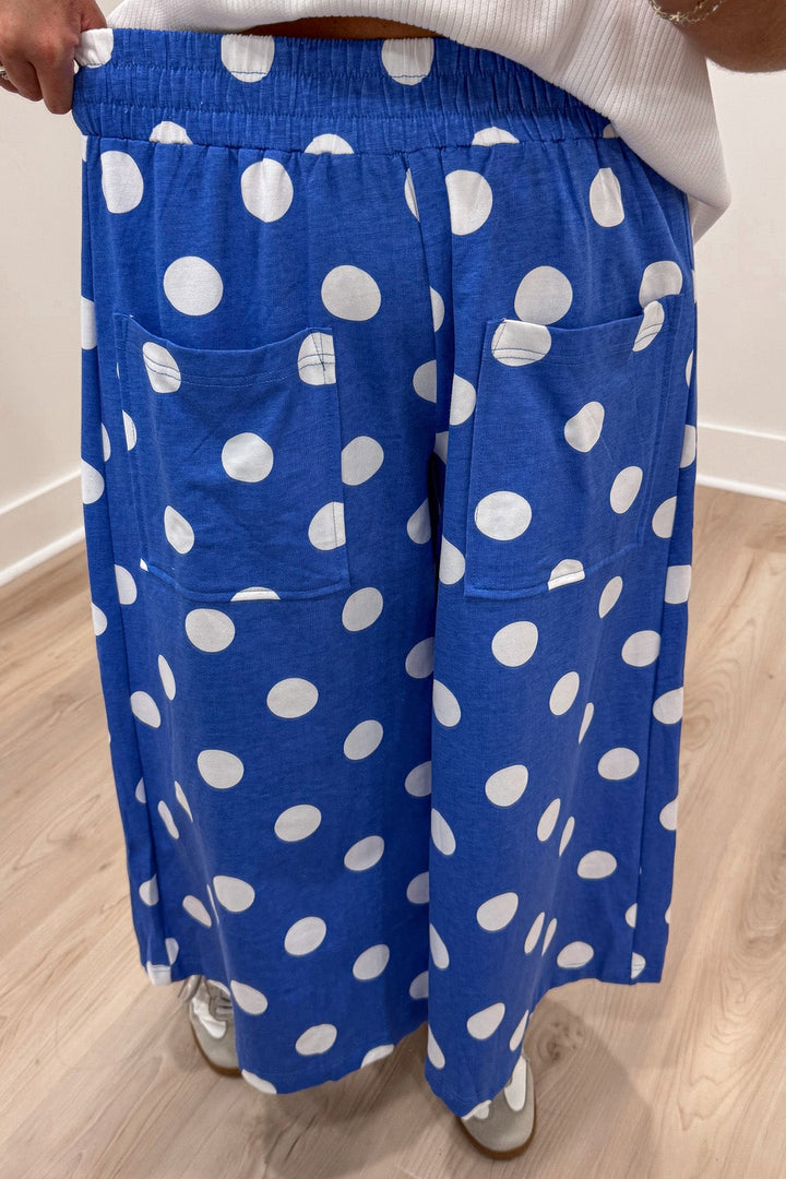 azure blue with white polka dot print wide leg elastic waistband cotton blend pants