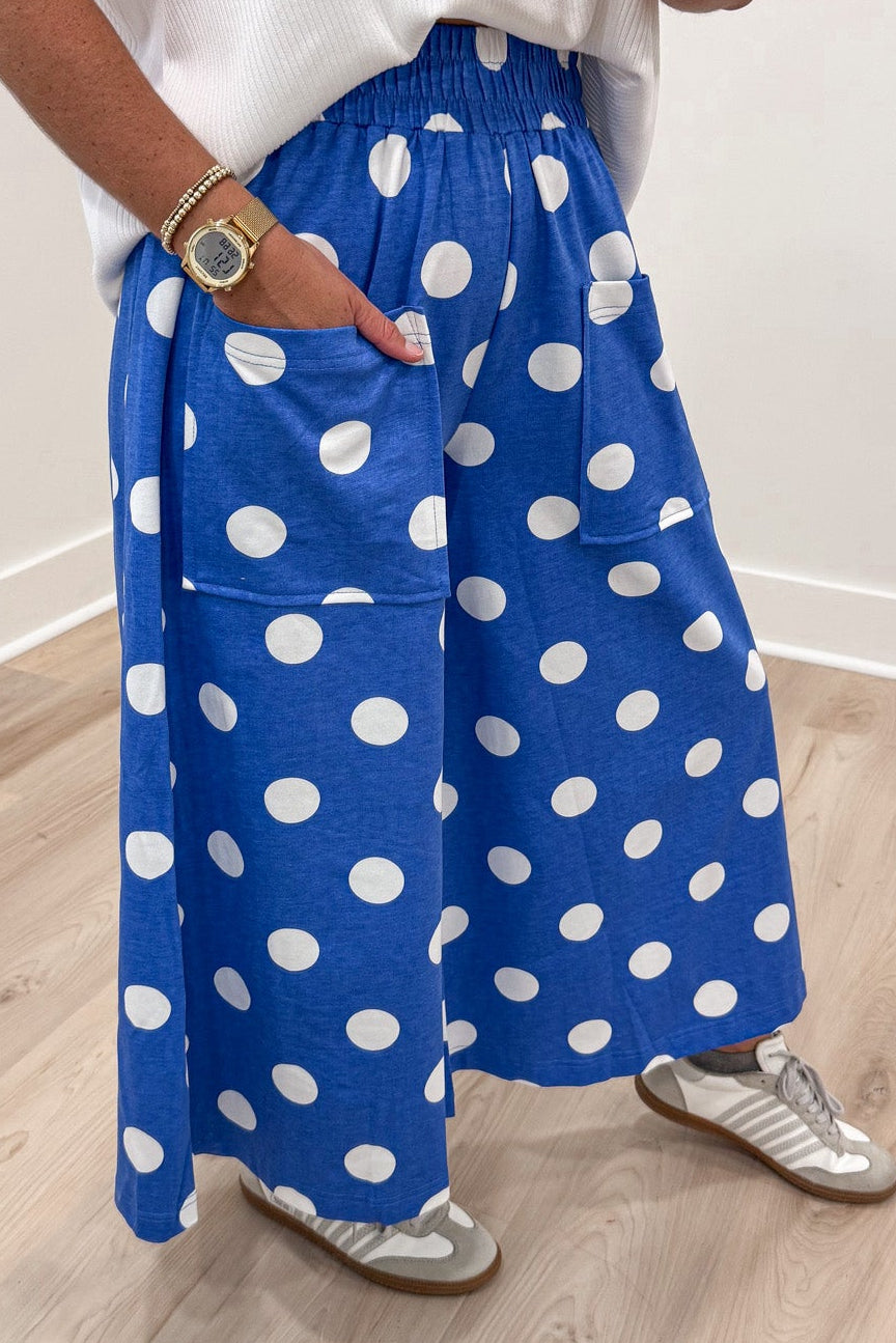 azure blue with white polka dot print wide leg elastic waist lightweight cotton blend pants
